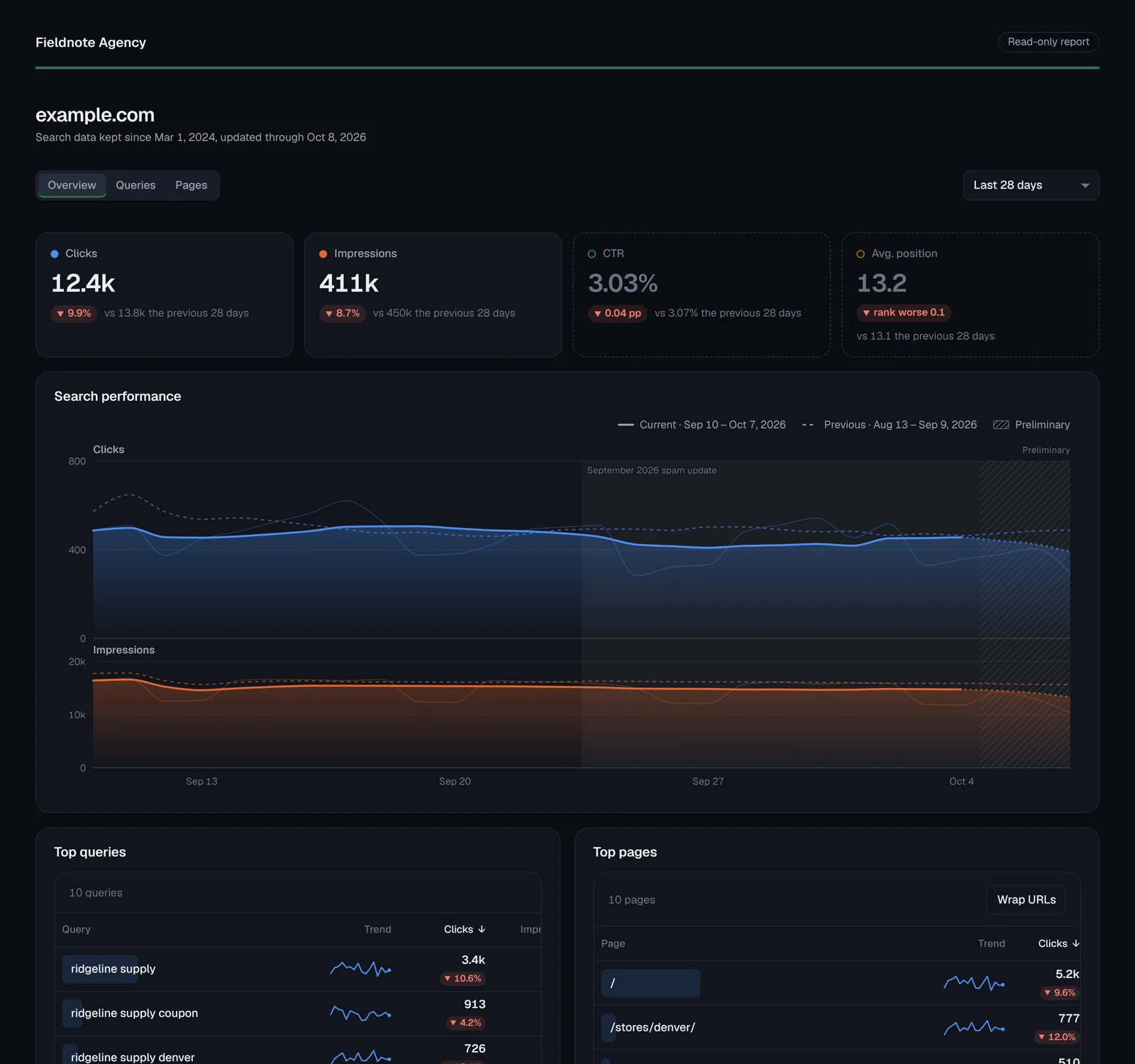 A client portal: read-only report with the agency's name, metric cards, chart, top queries and pages, and notes.