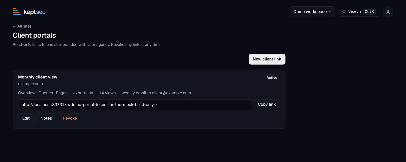 The Client portals page with one active client link, Copy link, Edit, Notes and Revoke.